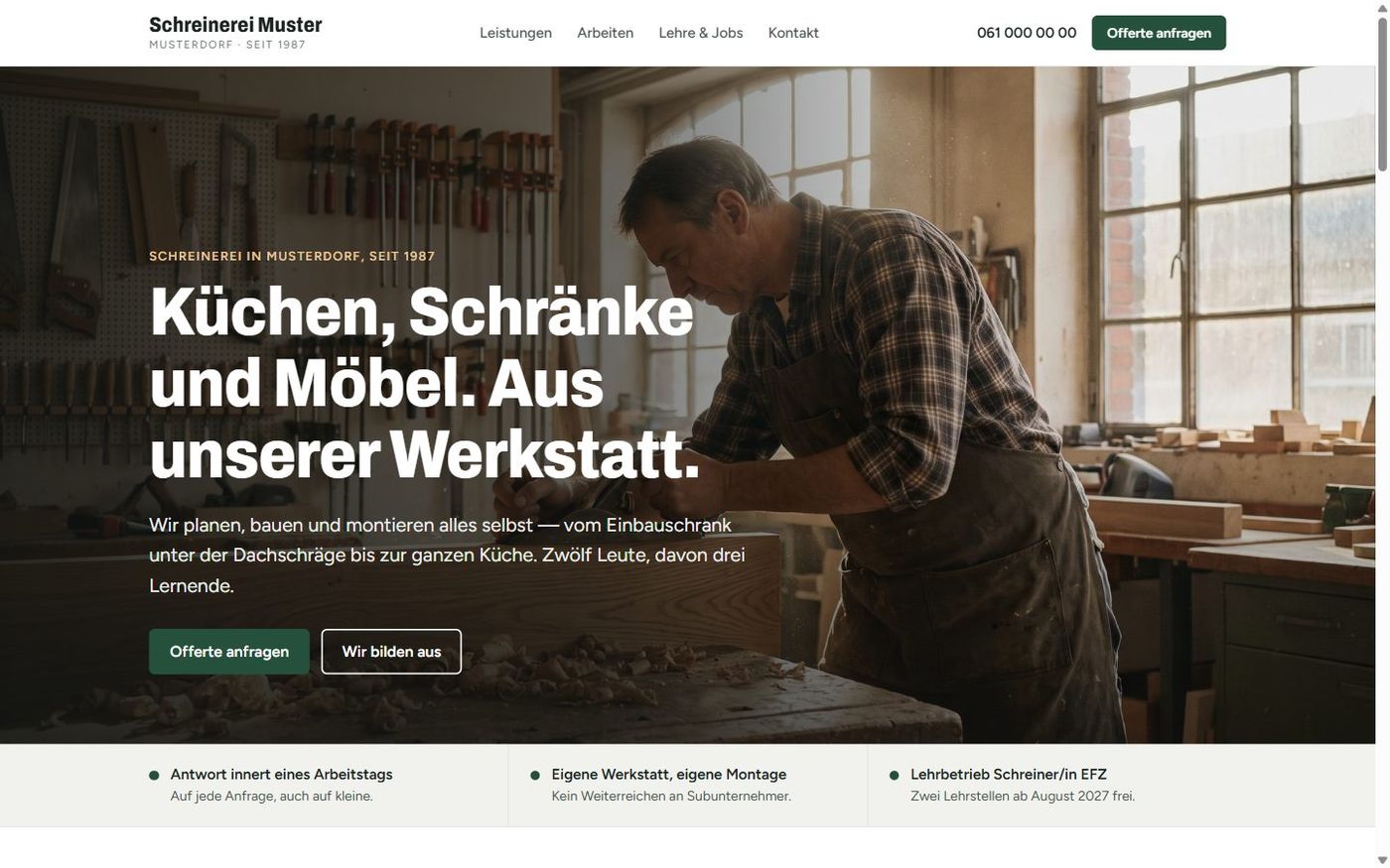 Beispielseite einer Schreinerei auf dem Computer