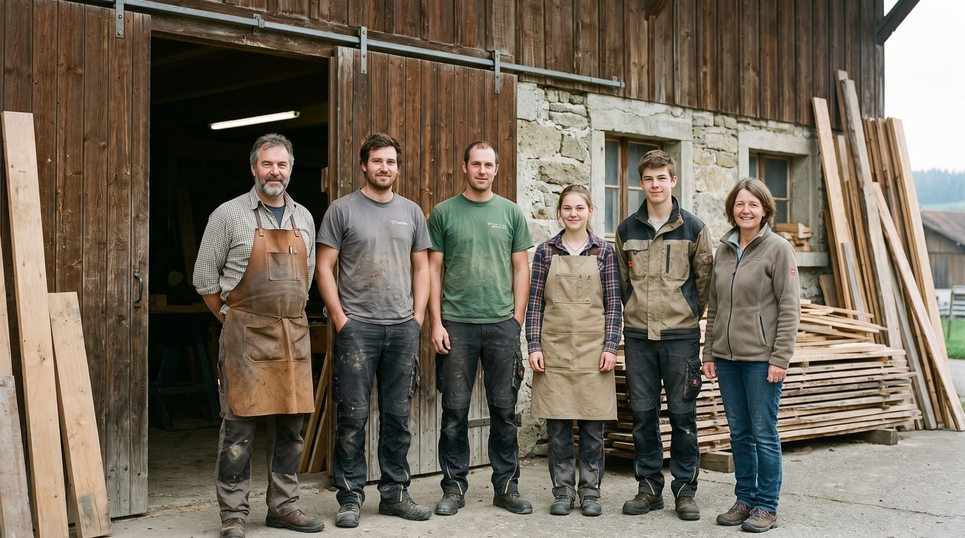 Ein Teil des Teams der Schreinerei Muster vor der Werkstatt