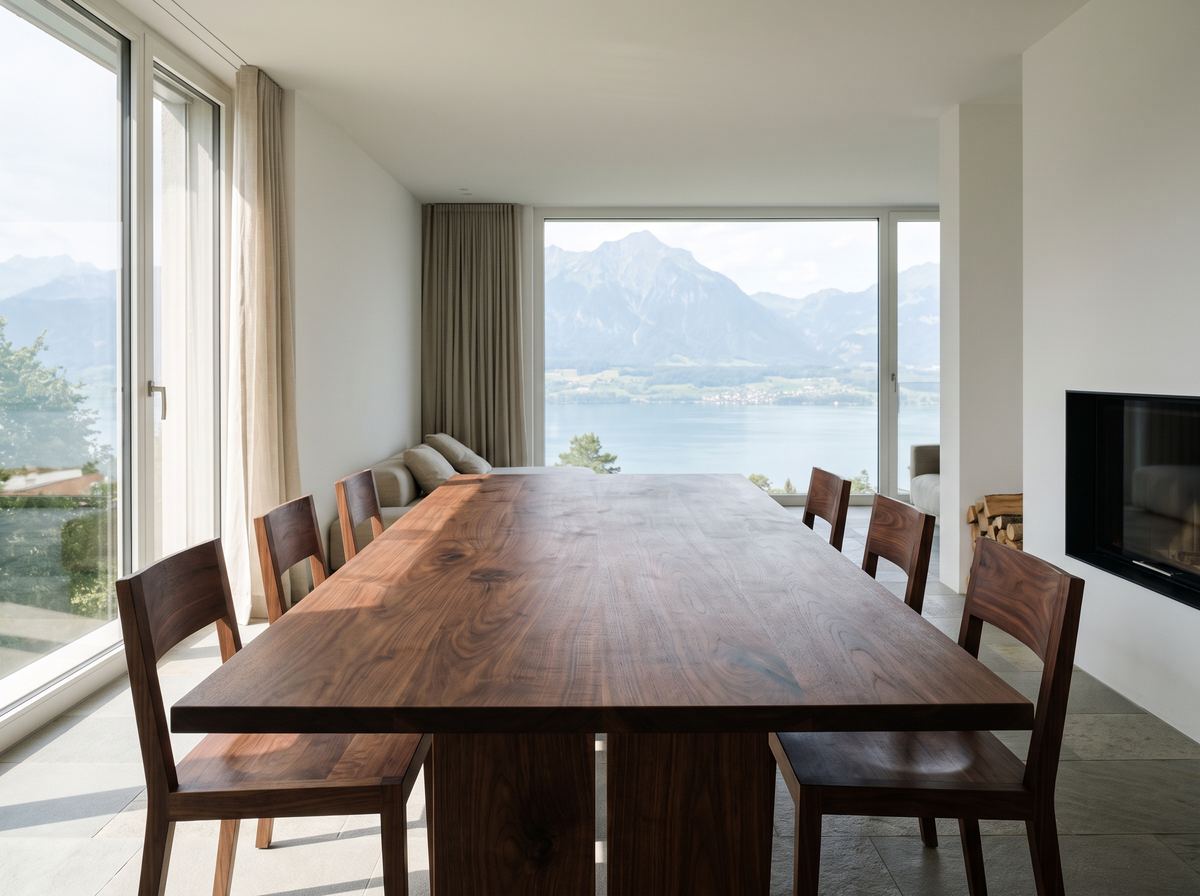 Esstisch aus Nussbaum in einem hellen Wohnraum
