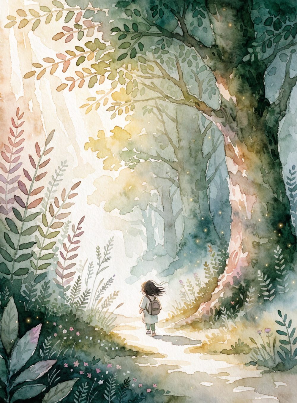 Heldio — Aquarell-Illustration im Kinderbuch-Stil: ein Kind auf Abenteuerreise