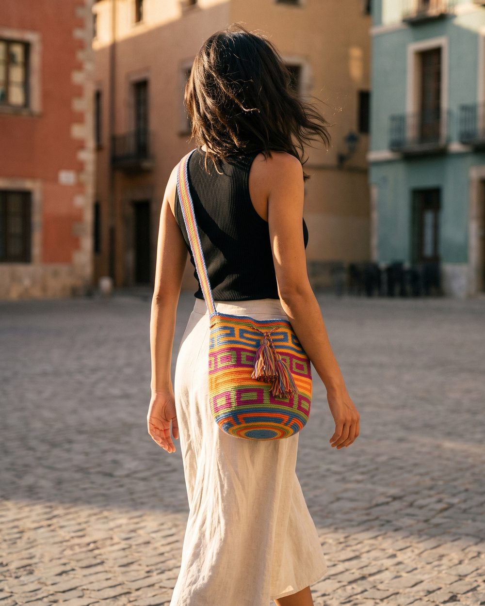 Kaanela — handgewebte Wayuu-Tasche, getragen in einer sonnigen Altstadtgasse